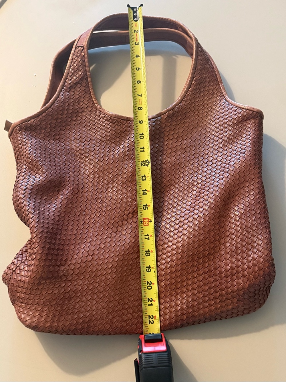 Handmade Genuine Leather Hobo Tote Bag oversize, Cognac Brown, pre-owned. - Picture 8 of 16